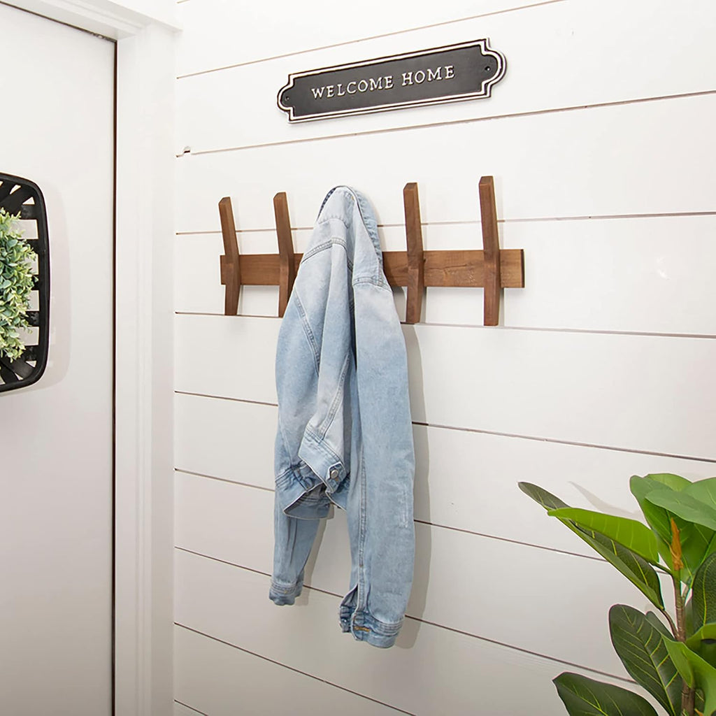 24-Inch Mid Century Coat Rack with 5 Wooden Hooks, Farmhouse Style Hookrail , and More, Solid Wood, 9.5" H x 24" W x