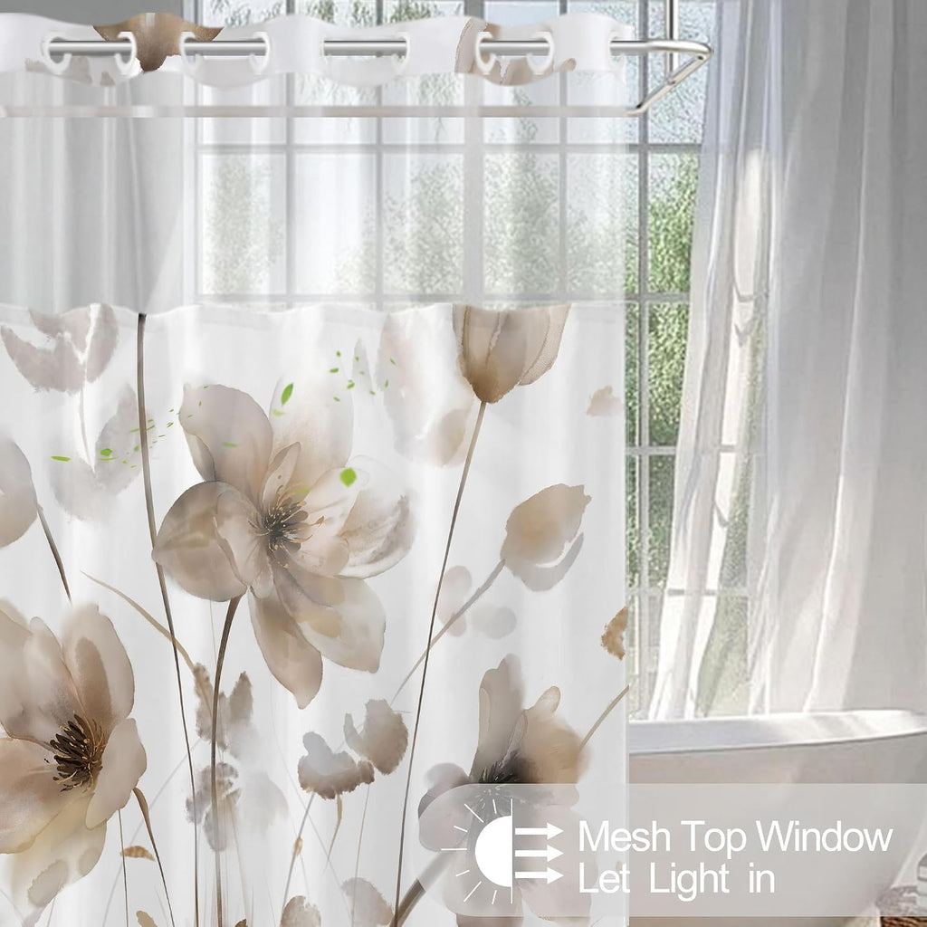 No Hook Shower Curtain and Liner Set, Brown Boho Floral 71x74 | Watercolor Boho Flower, with Snap in Liner