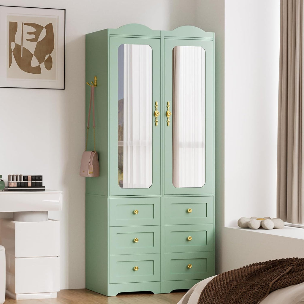 Armoire Wardrobe Closet, Green Bedroom Armoires Cabinet with Mirror Door and 6 Drawers, 69.5" H Wood Clothing Storage
