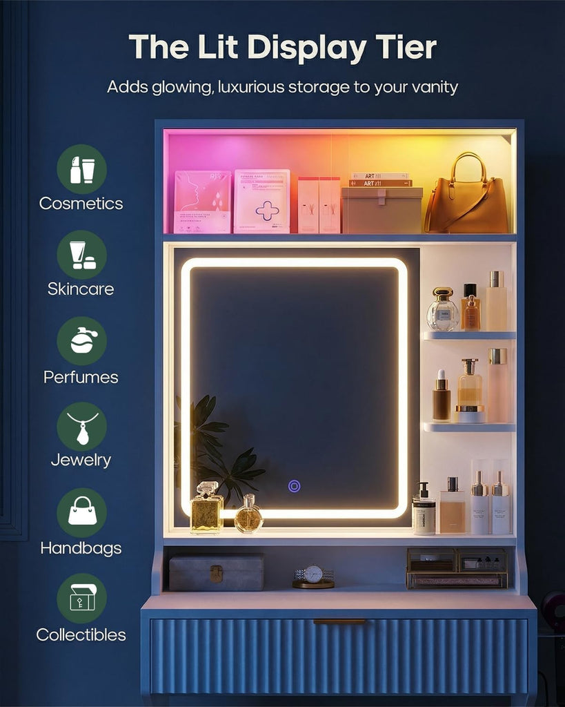 Small Vanity, Fluted Desk with Mirror and Lights, Stool, Charging Station | Sound sync RGB lights, LED glass cabinet