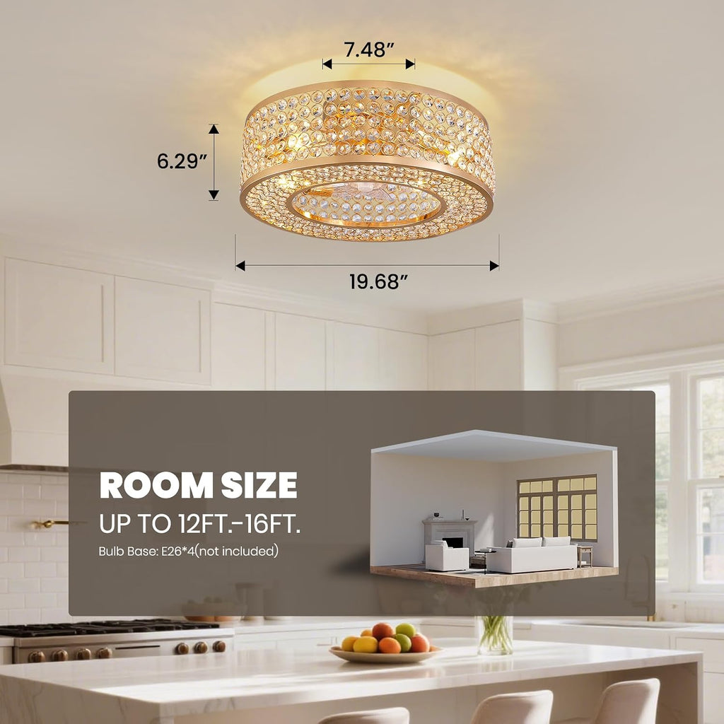 20" Caged Crystal Ceiling Fan with Lights Flush Mount Gold Fandelier Low Profile Chandelier Fan Enclosed Ceiling Fan