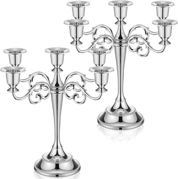 2 Pcs 5 Arm Metal Candelabra Candlestick Holders 10.24 Inch Tall Candlestick Holders Gothic Candle Holdery (Sliver)