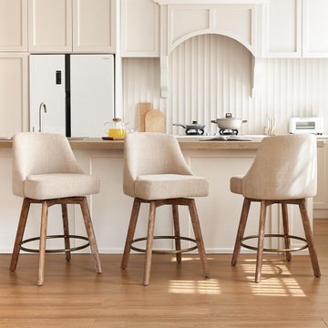 Counter Height Bar Stools, Sand-Colored Linen Comfort Fabric Bar Stool Set of 3, 360° Swivel Counter Height Stools