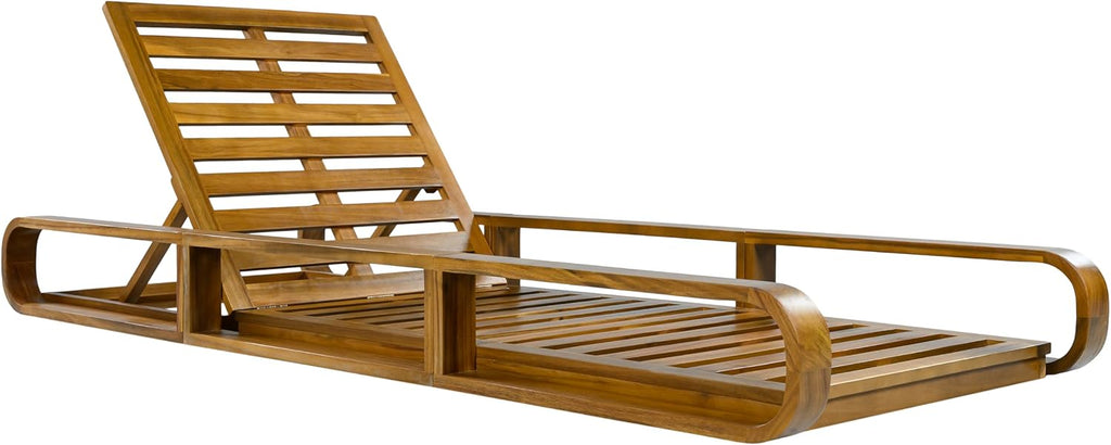 Teak Finish Acacia Wood Chaise Lounge - 1 Pcs Frame + 1 Pcs 4" 2-Fold Cream Water-Resistant Cushion, 400lbs Capacity