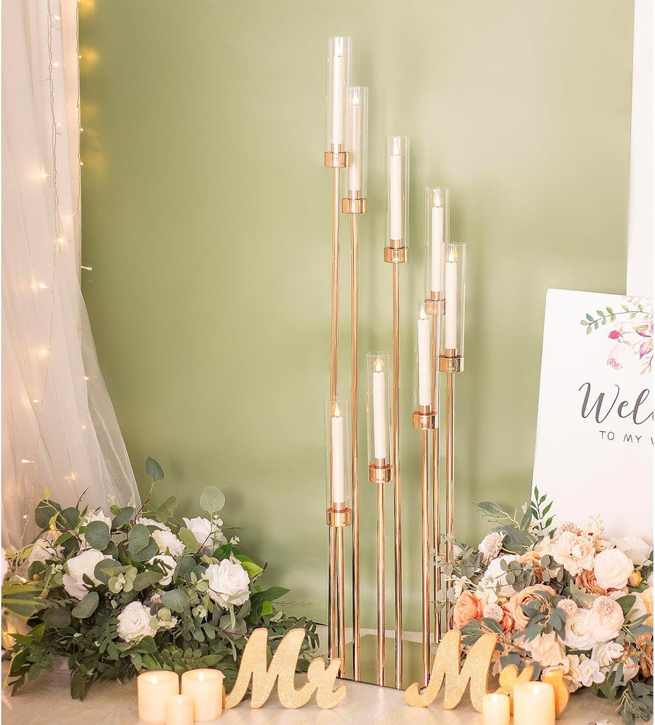 Tall Floor Candle Holder Set, 8-arm Metal Floor Candelabra Candle Holders, Large Gold Wedding Centerpiece, 45.3'' H