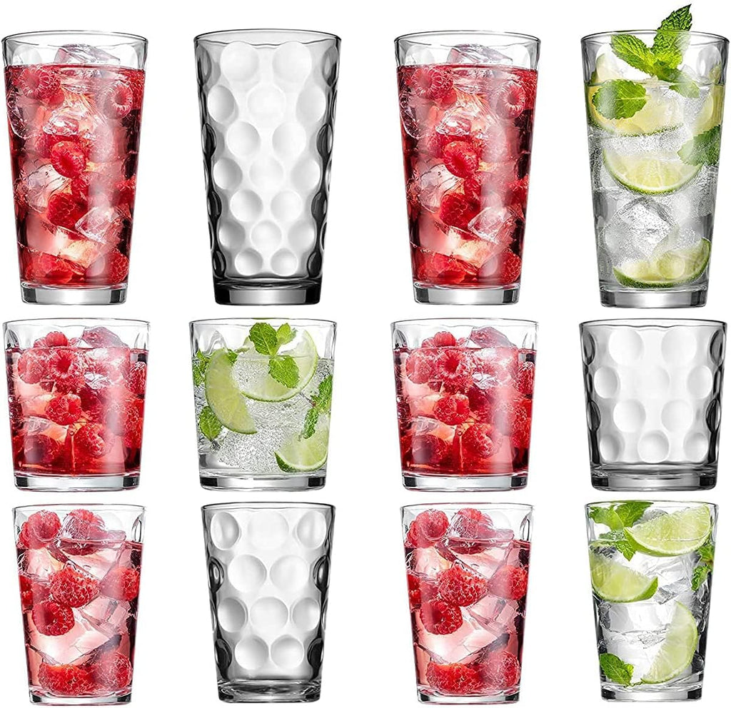 Set of 12 Elegant Everyday Stackable Drinking Glasses - Includes 4-17oz Highball Tumbler Glassware, 4-13oz DOF Rock