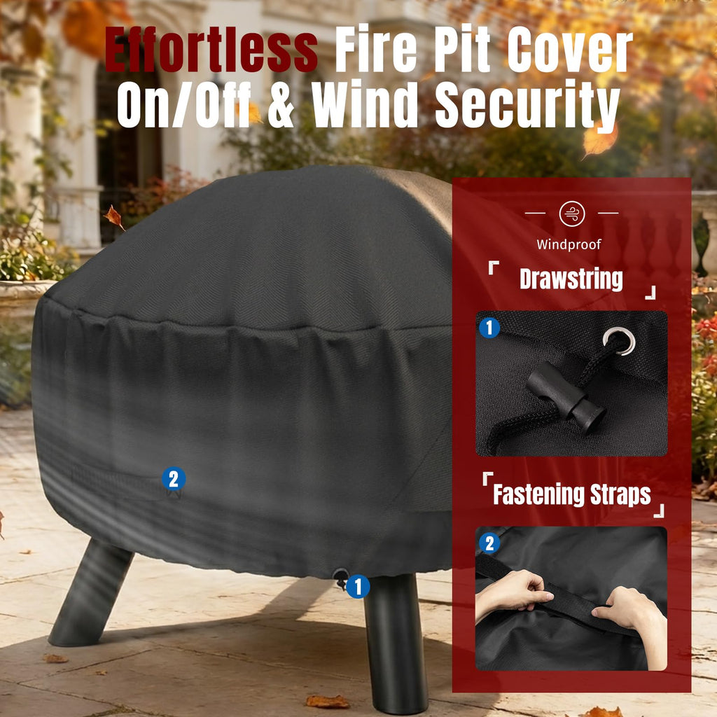 Round Fire Pit Cover for 22-32 Inch Fire Pit - Waterproof and Windproof, with Straps and Built-in Vents, 32 Dia x