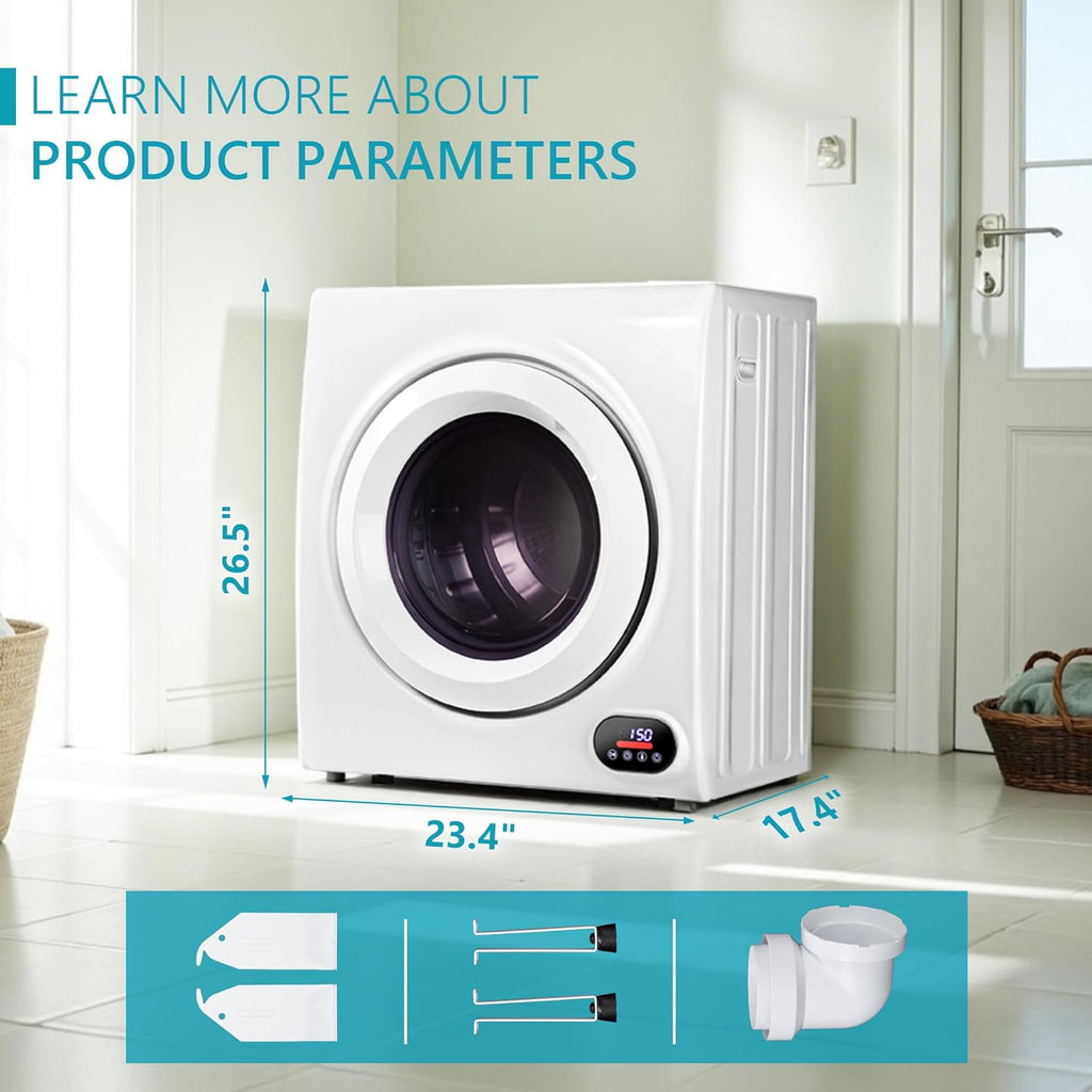 Compact Laundry Dryer, 3.5 cu ft Front Load Stainless Steel Clothes Dryers With Exhaust Pipe, 1500W, LCD Control Panel
