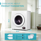 Compact Laundry Dryer, 3.5 cu ft Front Load Stainless Steel Clothes Dryers With Exhaust Pipe, 1500W, LCD Control Panel