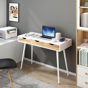 Computer Desk with Drawers Mid Century Modern Desk 41.3 Inches Vanity Desk with 3-Drawers, Office Desk with Drawers
