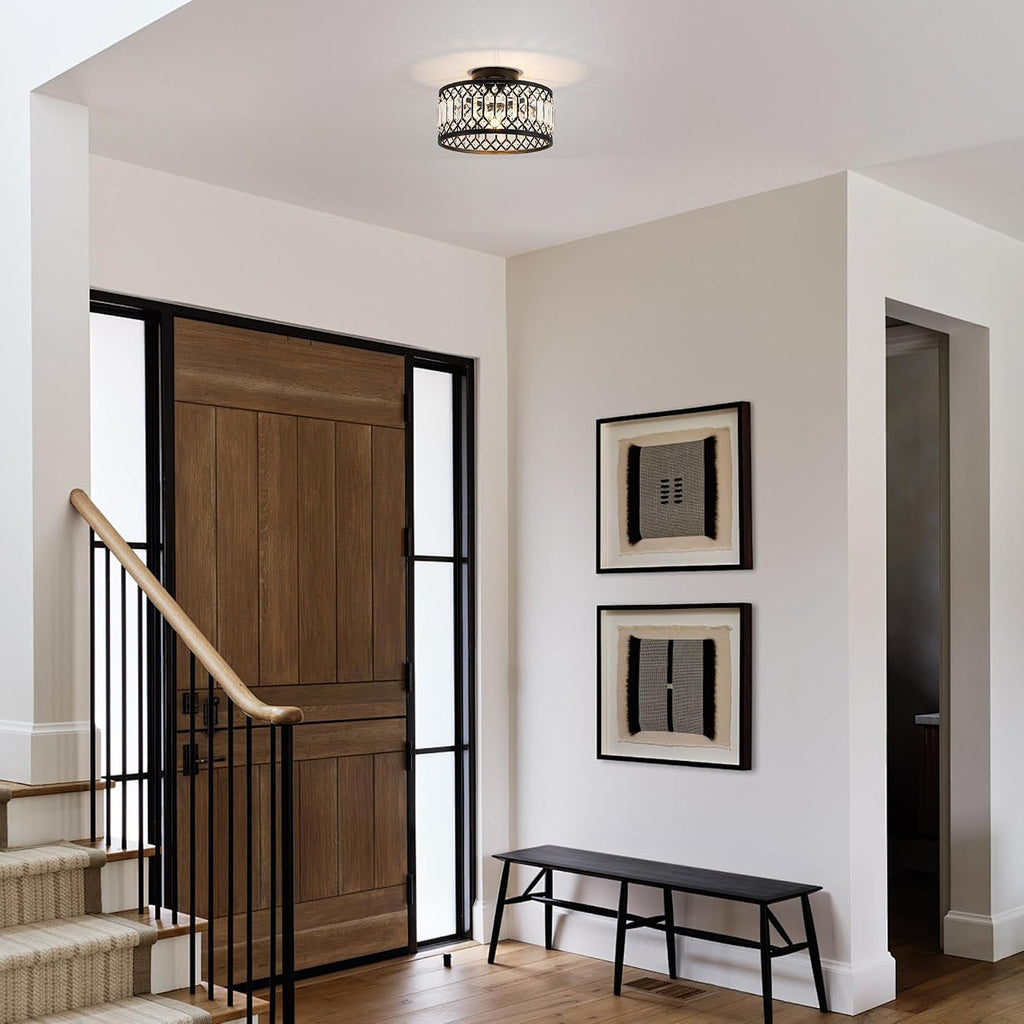 Crystal Black Ceiling Light, Modern Semi Flush Mount Ceiling Light Fixture, Round Small Chandelier Entryway Bathroom