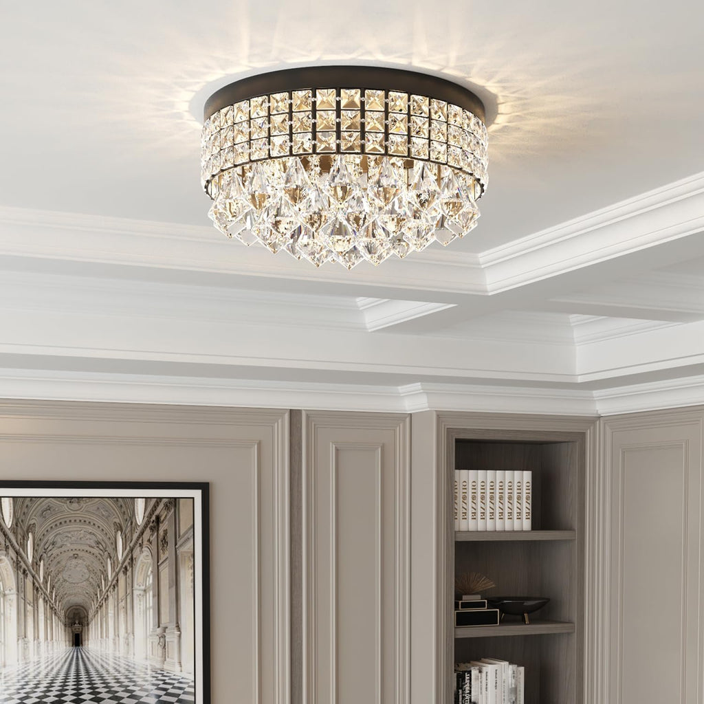 4 Lights Crystal Chandelier, Recessed Drum Ceiling Light, Mini Crystal Flush Mount Round Metal Shade Raindrop