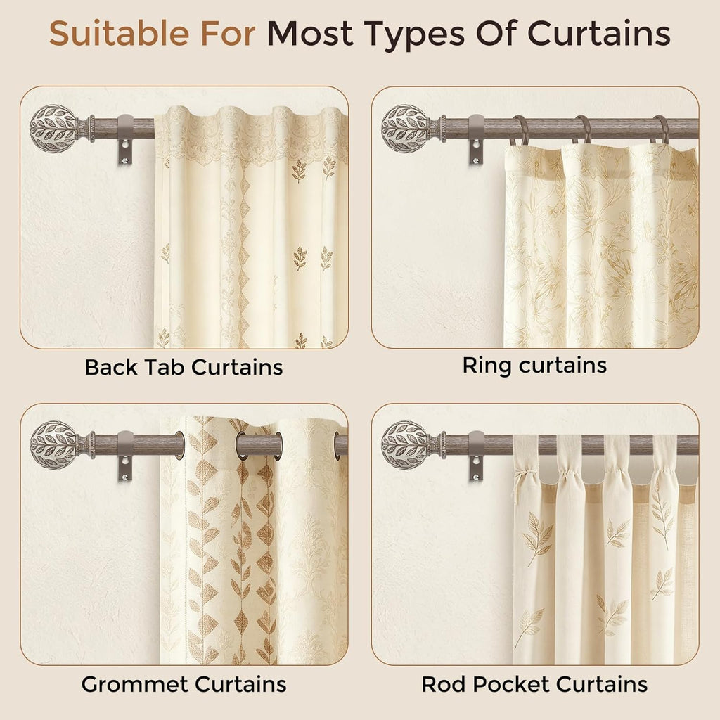 Curtain Rod 36-122 Inch, Boho Decorative 1 Inch Wood Rustic Curtain Rods for Windows, Adjustable Heavy Duty Long