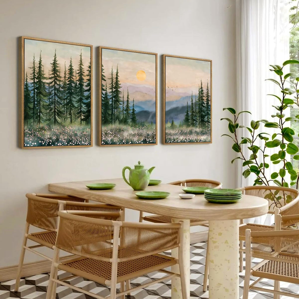 Boho Sunset Forest Framed Canvas Wall Art Set,Natural Green Pine Tree Wall Decor,Modern Watercolor Mountain Landscape