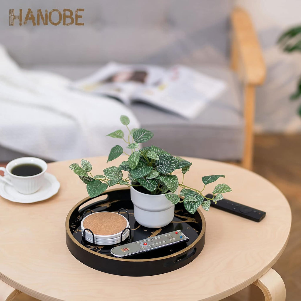 Round Decorative Coffee Table Tray , Black Marble Finish | 11.8" Modern Circle Tray with Handles Counter, Living Room