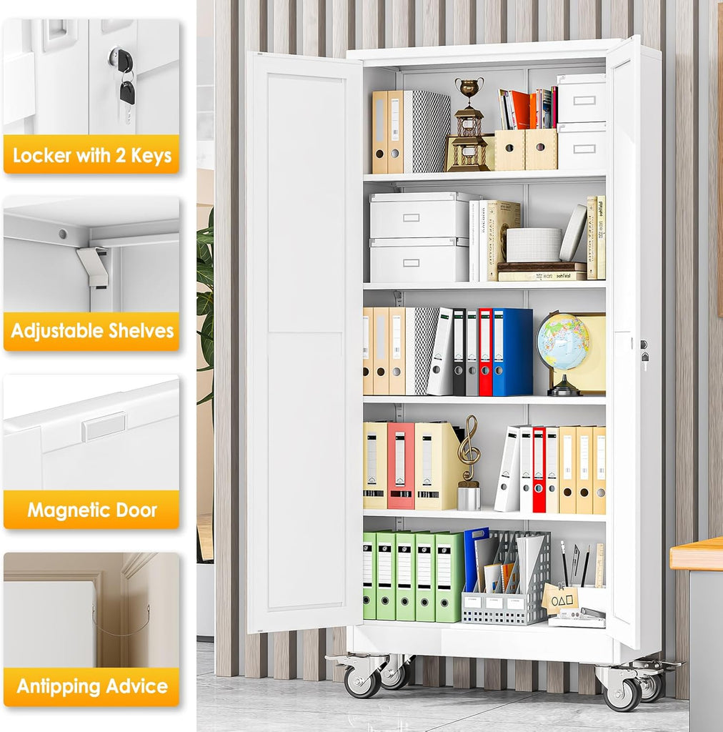71''H Tall Metal Garage Storage Cabinet with Wheels,Steel File Cabinets with 2 Doors and 4 Adjustable Shelves