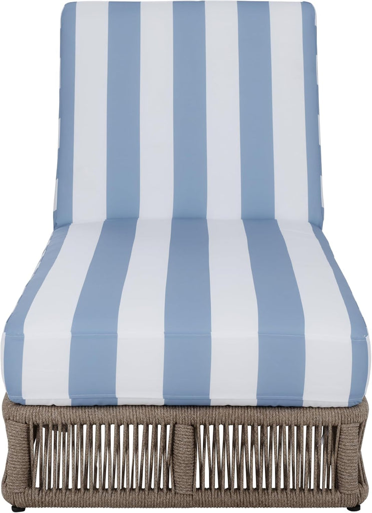 Outdoor Chaise Lounge Chair - Heather Tan & Baby Blue Stripe - Steel and Woven Rope - Adjustable 5-Position