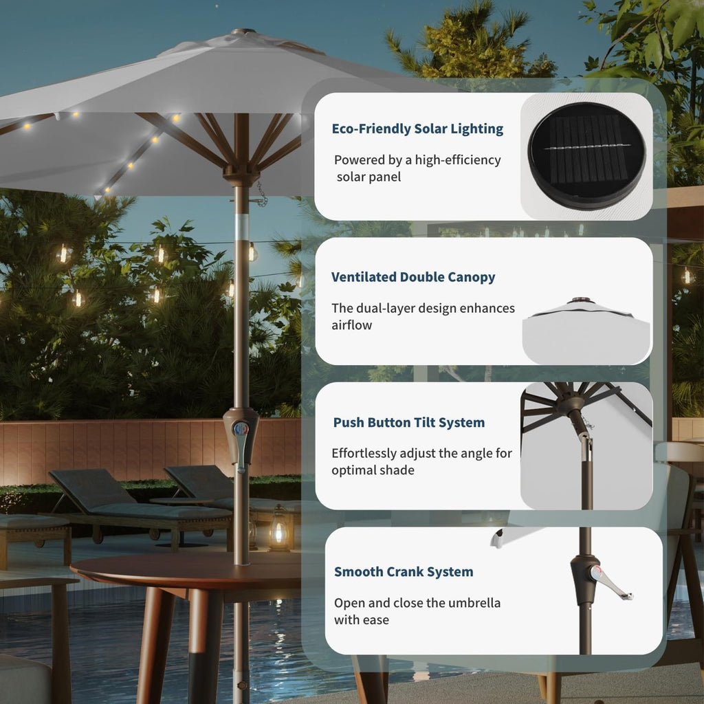 9FT Solar Umbrella 32 LED Lighted Patio Umbrella Table Market Umbrella w/Tilt and Crank
