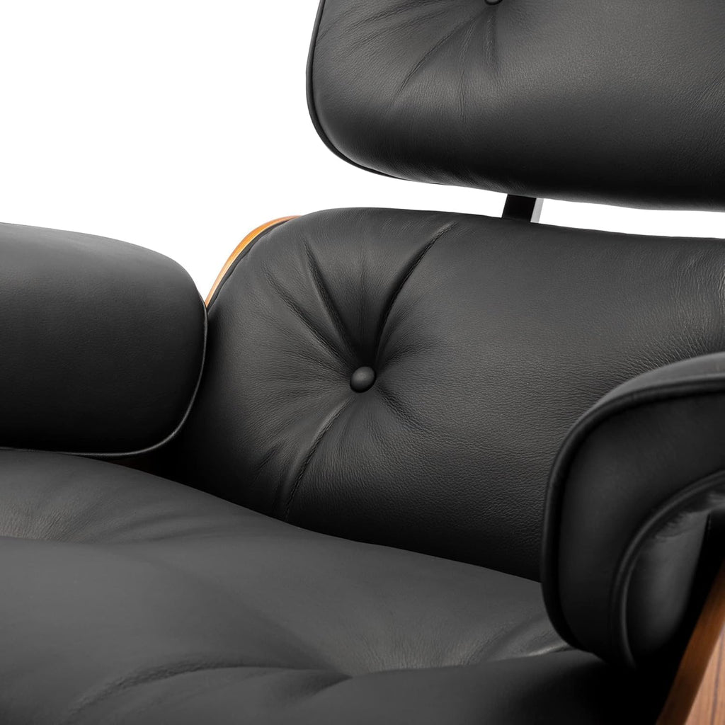 Mid-Century Modern Lounge Chair & Ottoman — Black Bonded Grain Leather, Light Walnut Base, Extended Chaise