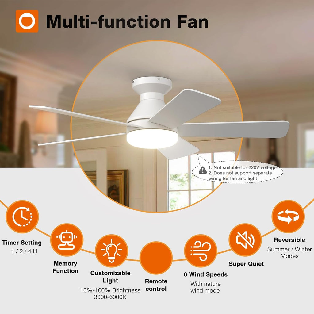 Ceiling Fans with Lights, 42 Inch Low Profile Ceiling Fan with Light And Remote Control, Flush Mount, Reversible, 3CCT, Dimmable, Quiet, White Small Ceiling Fan for Bedroom Indoor/Outdoor Use