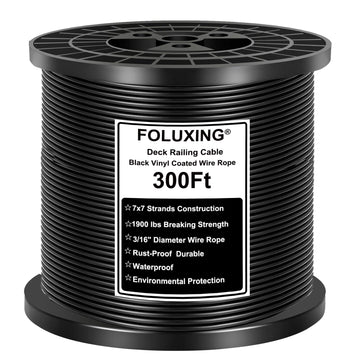 300FT 3/16" Black Vinyl Coated Wire Rope, Cable Railing System, Black Aircraft Cable for Indoor Outdoor Decking Stair