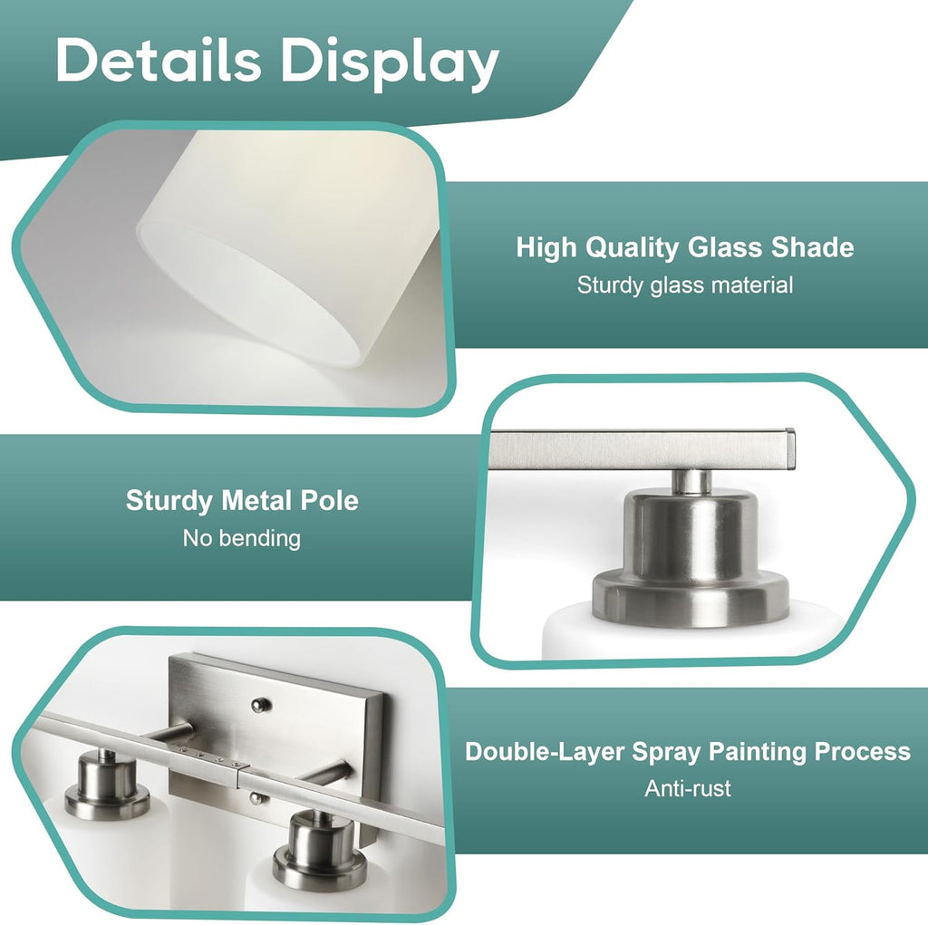 Bathroom Light Fixtures, 4-Light Vanity Light Over Mirror, Brushed Nickel Wall Sconces with Milky White Frosted Glass