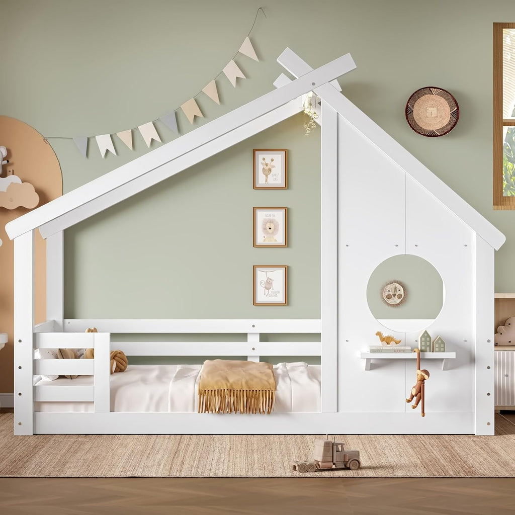 Solid Wood Tw Shape Floor Bed Frame for Kids with Window, Roof, Guardrails and Small Shelf, Montessori Low Profile