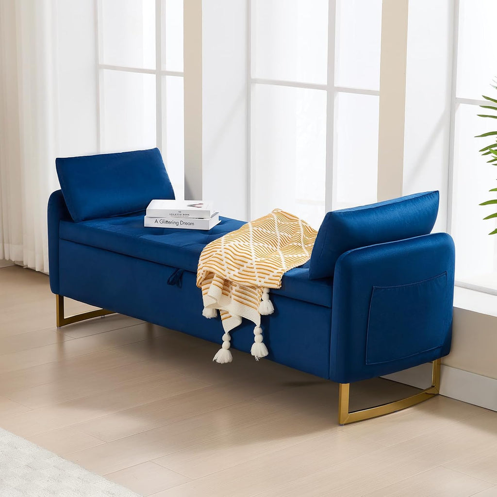 65" Storage Bench , Velvet End of Bed Bench, King Size Bed Benches for Foot with Tufted Button and Gold Legs