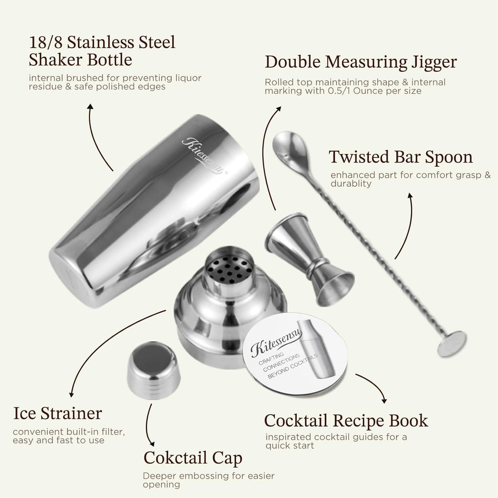 Cocktail Shaker, 24oz Drink Shaker with Bartender Strainer, Measuring Jigger, Bar Mixing Spoon, Cocktail Recipe