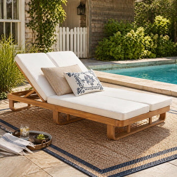 Double Acacia Wood Chaise Lounge with Dual Adjustable Backrests, Patio Outdoor Chaise Lounge with Cushions, Wooden