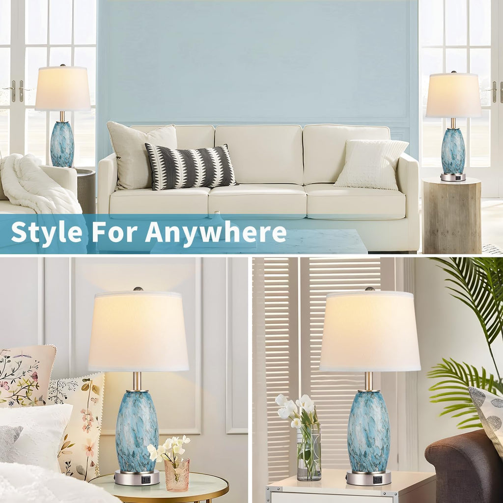 Glass Table Lamp with 3-Way Lighting Modes & USB C+A - Coastal Modern Style Nightstand Lamp Decoration (23.5" H)