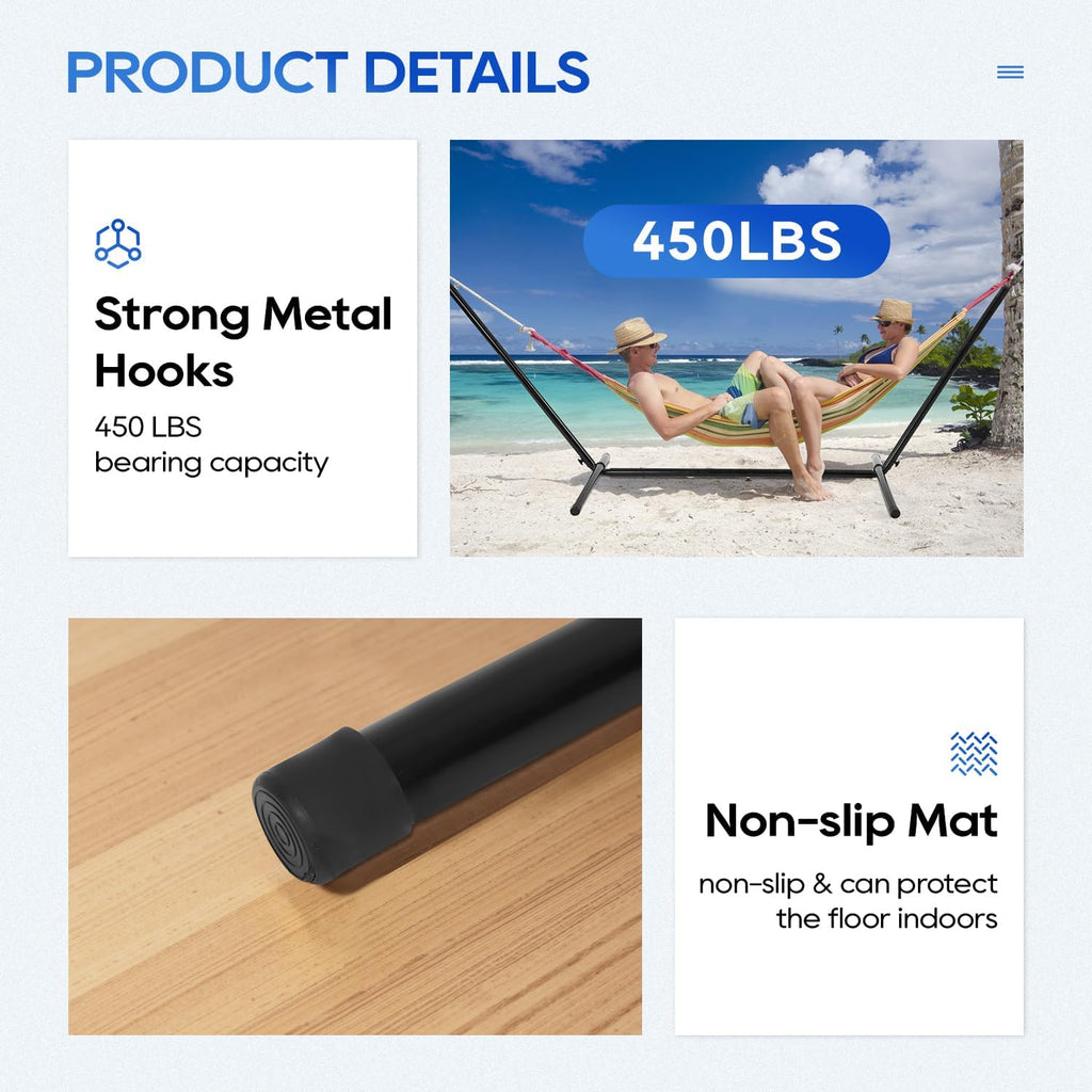 Portable Hammock Double Stand | No Hammock | Sturdy Steel Construction | 400lbs Max Load | Height Adjustable | Double
