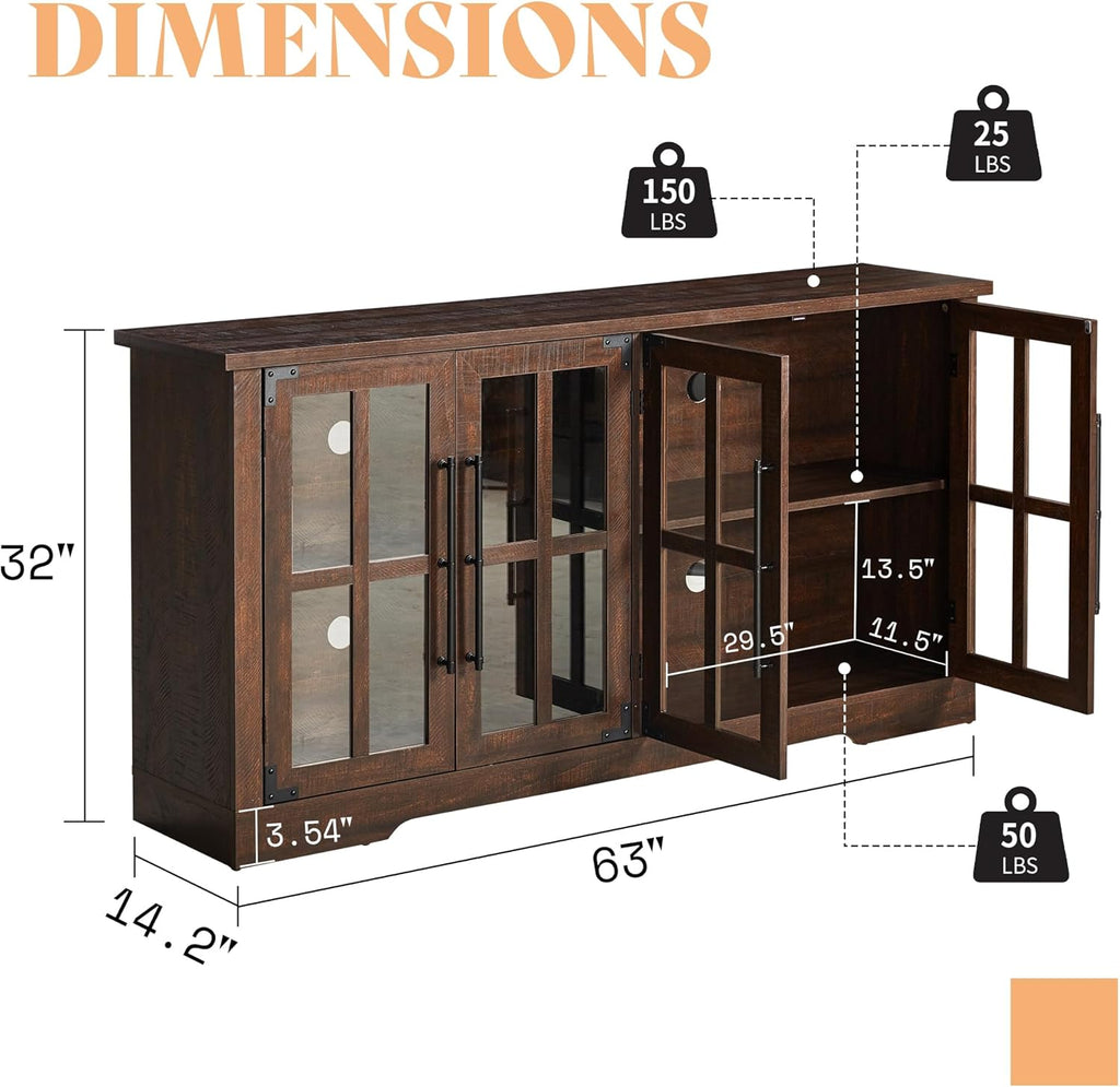 Farmhouse 63" Buffet Sideboard Cabinet with Glass Door, Large Storage Cabinet with Adjustable Shelf