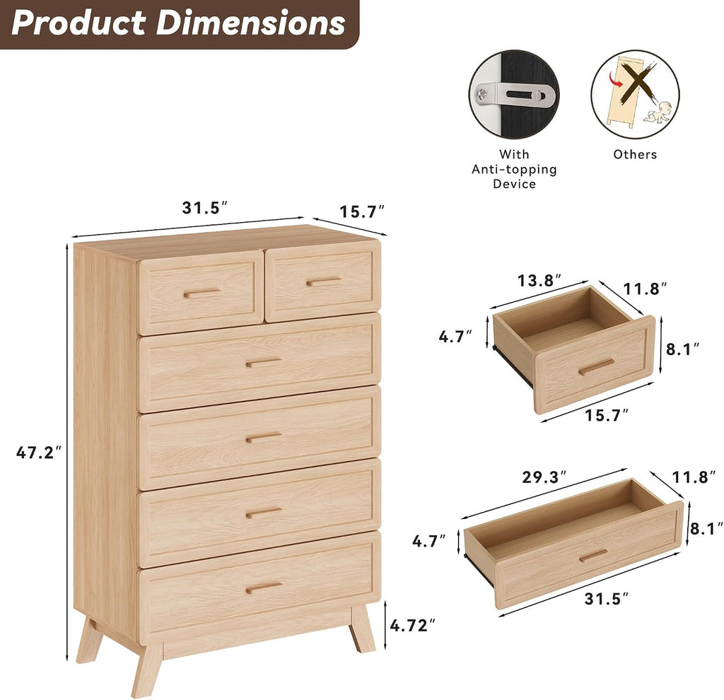 Natural 6 Drawer Dresser , 47" Tall Chest of Drawers | Rounded Corner Safety Design, Stable 4-Leg Structure, Suitable