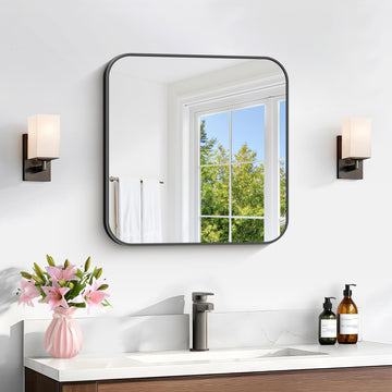 Black Bathroom Mirror, 18 x 18 inch Square Mirrors for Wall, Metal Frame Rounded Corner Vanity Mirror for Over Sinks