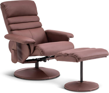Modern Reclining Swivel Lounge Chair and Ottoman — Brown Faux Leather
