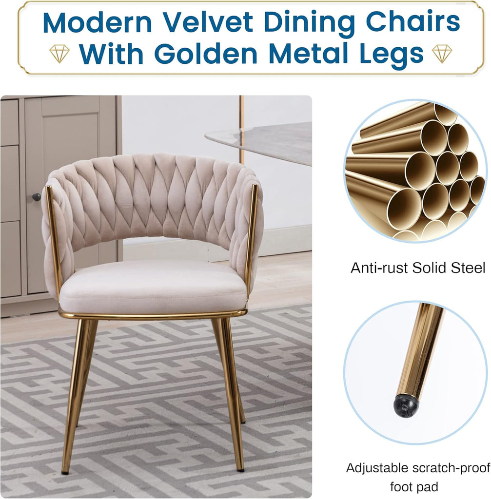 Modern Velvet Dining Chairs Set of 2, Upholstered Living Room Chair with Woven Back and Golden Metal Legs