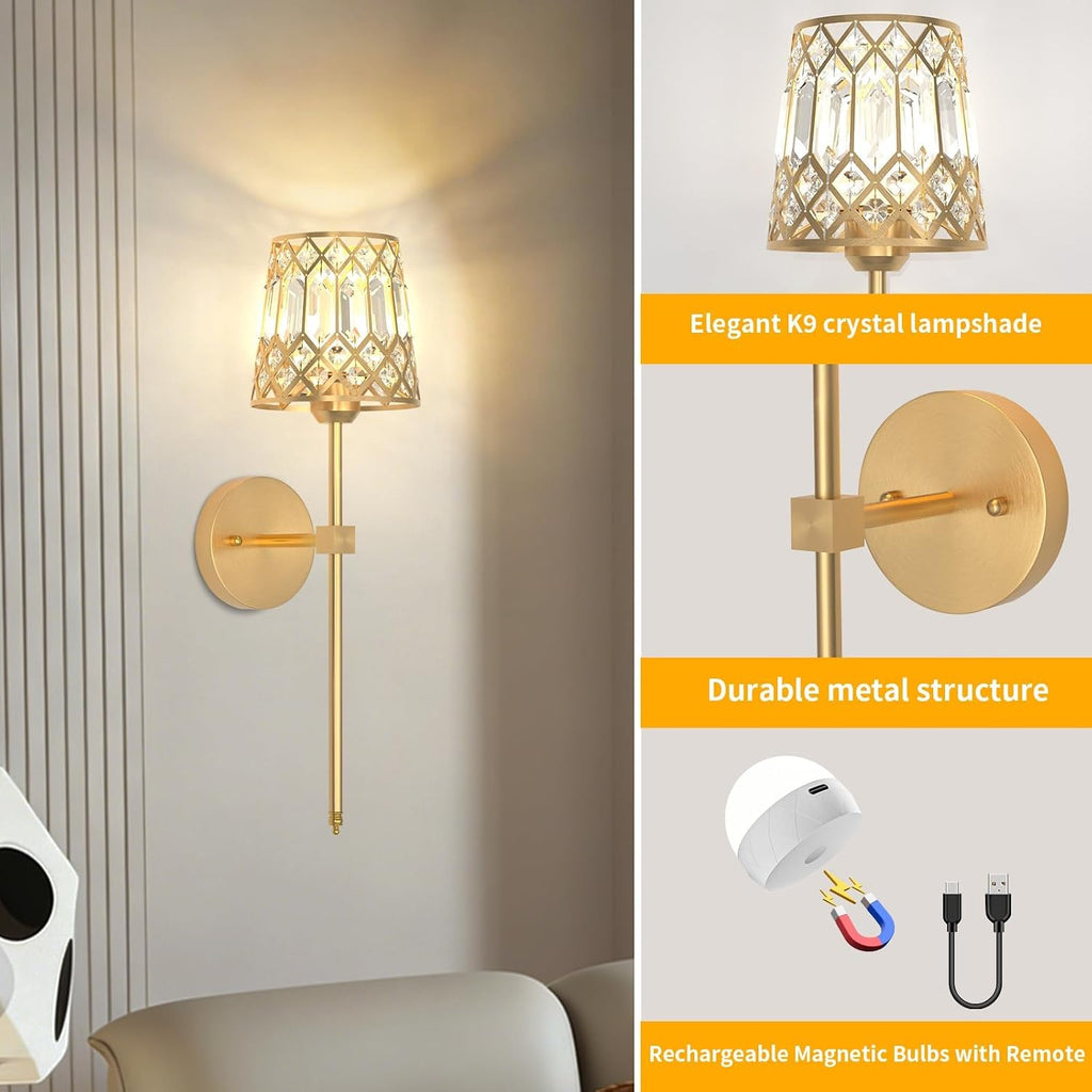 Gold Battery Operated Wall Sconces Set of 2, Crystal Rechargeable Wireless Wall Sconce Light Fixtures for Home Decor