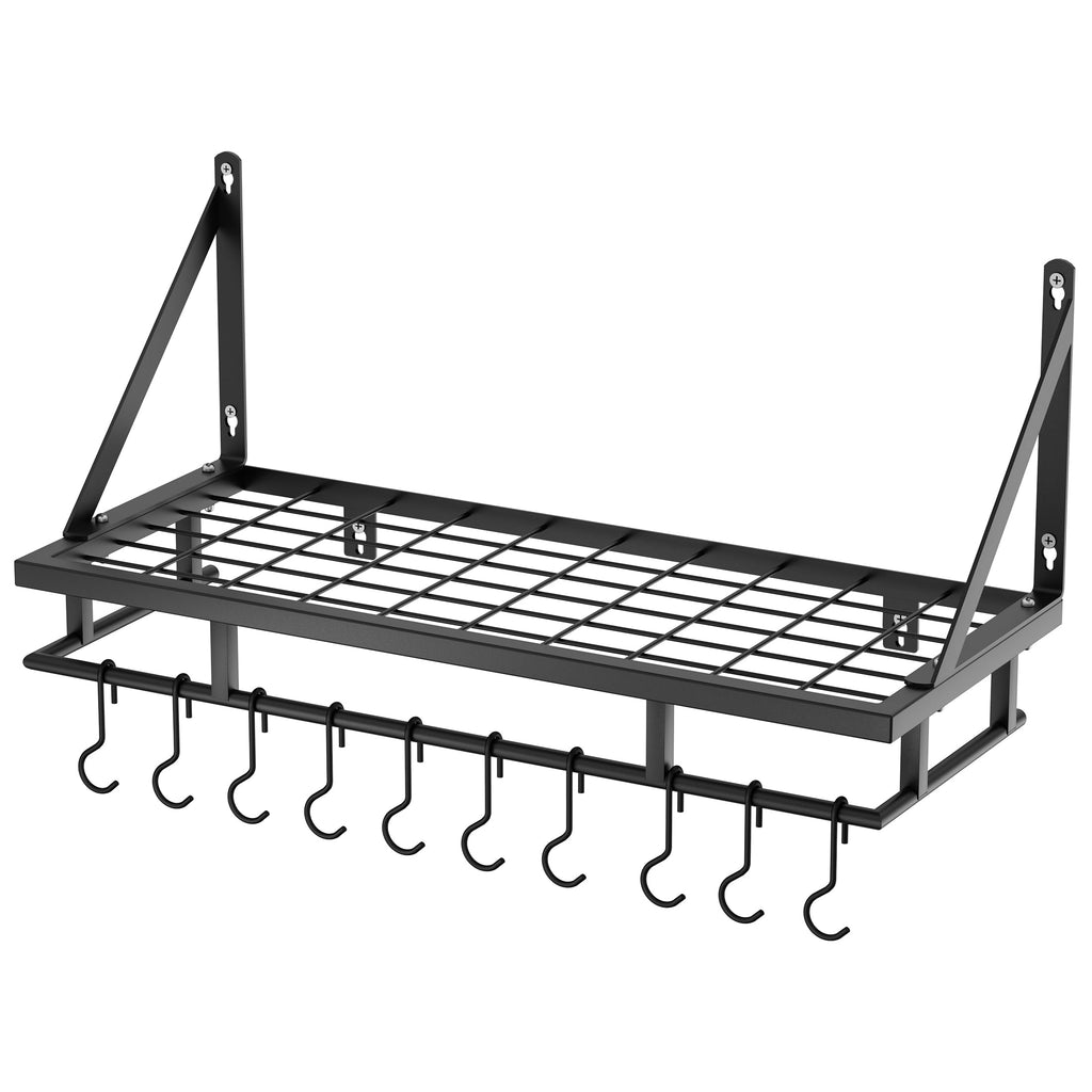 24 Inch Kitchen Pot Pan Rack Wall Mounted, 10 Hooks, Matte Black