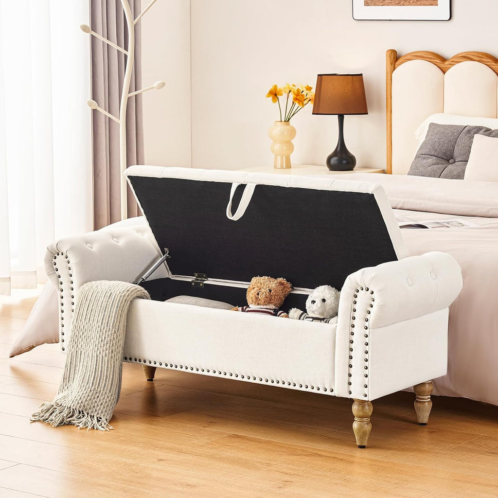Storage Bedroom Bench for End of Bed, Faux Linen Upholstered Storage Ottoman with Rolled Arms , 2.5Cubic Feet