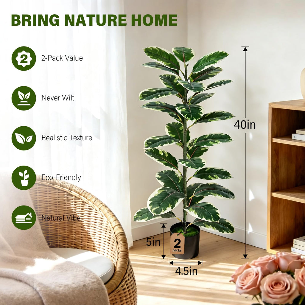 2 Pack Rubber Tree Artificial Floor Plant Fake Tree Indoor