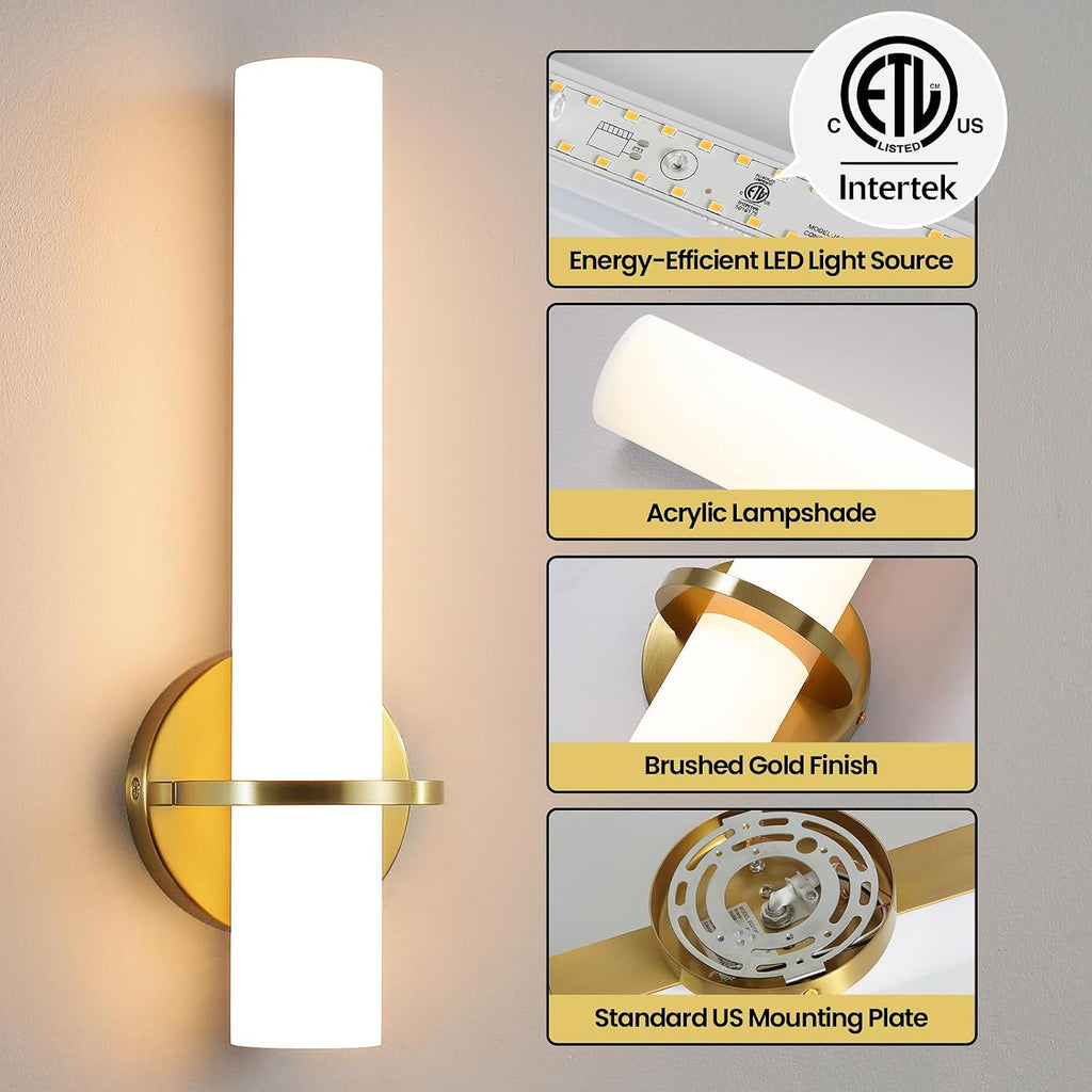 Wall Sconces - 15 inch Gold Wall Sconces Set of Two Modern Bathroom Sconce 15W Dimmable LED Wall Sconce Light with