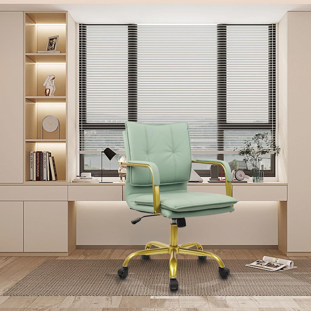 Leather Home Office Desk Chairs, Swivel Mid-Back Computer Chair with Golden Legs and Arms, Comfy Upholstered Task