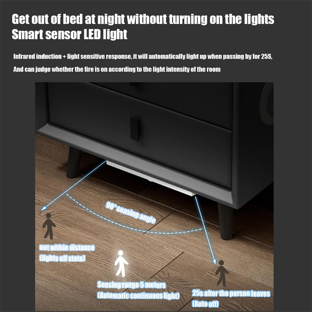 Black,Three drawers, Table Bedroom Smart Bedside Table with LED Light,Smart Nightstand with Fingerprint Lock and