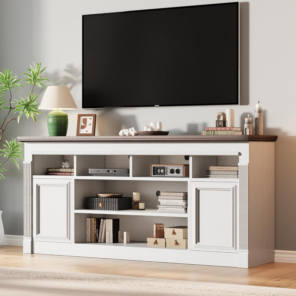 Farmhouse TV Stand for TVs Up to 75", Entertainment Center with Open Storage & Adjustable Shelves, TV Console with Doors for Living Room and Bedroom