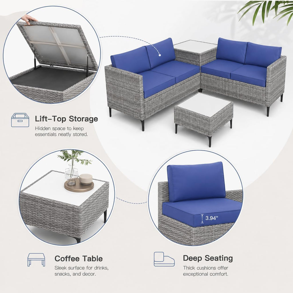 All-Weather PE Rattan Patio Furniture Set, 4 Piece Outdoor Sectional Sofa Couch with Storage Coffee Table, l-Shaped