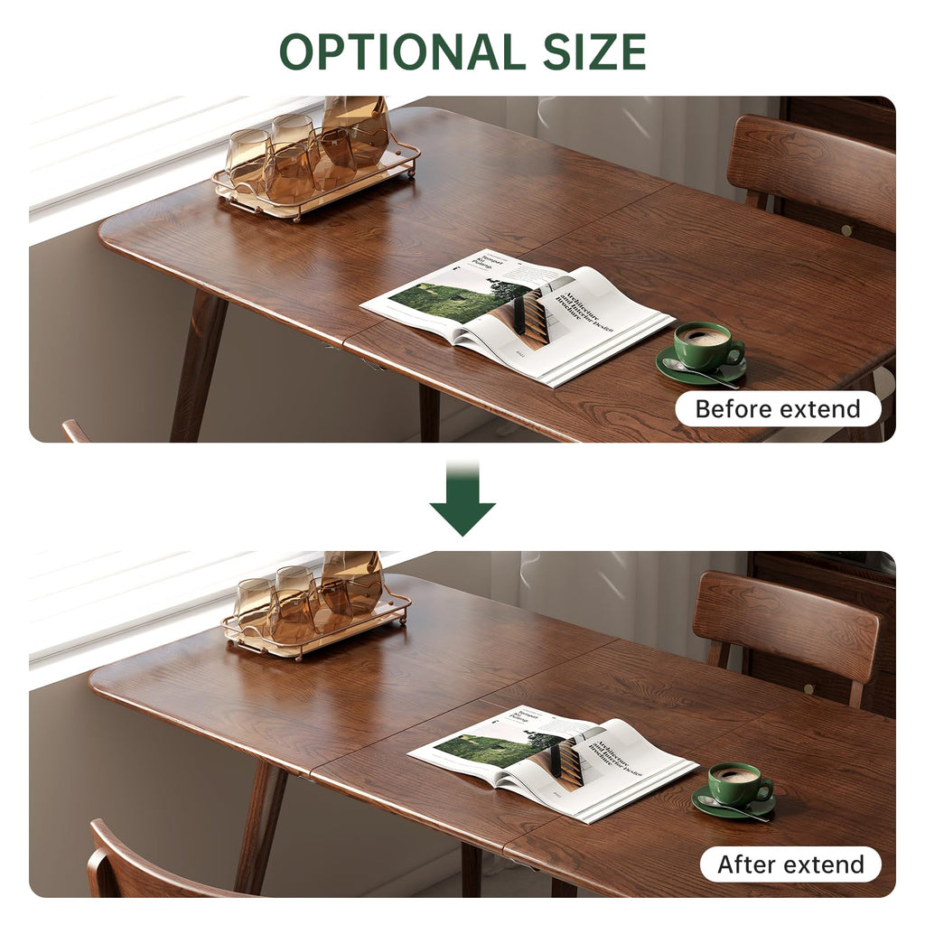 47''-63'' 100% Oak Extendable Dining Table, Solid Wood Folding Kitchen Table, Mid Century Modern Dinner Table