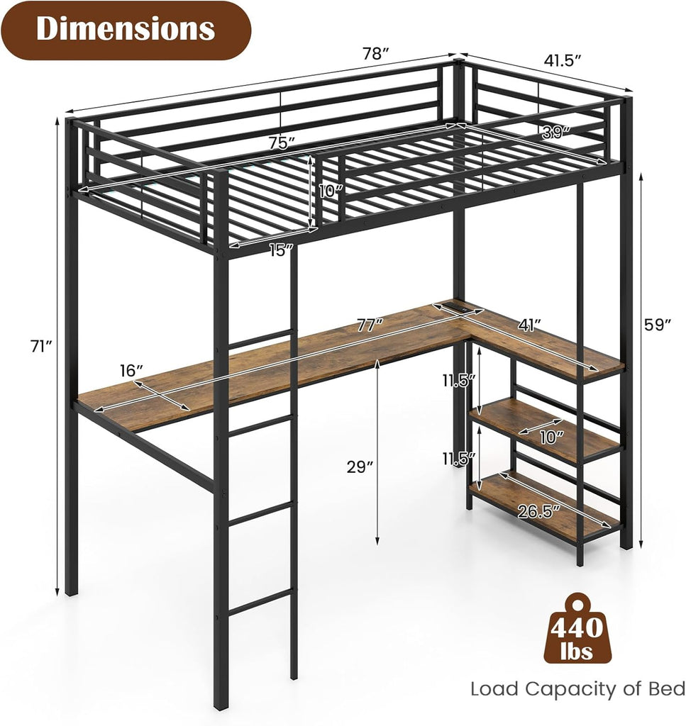 Twin Loft Bed with L-Shaped Desk & Storage Shelves, Metal Loft Bed with Power Outlet & LED Lights, Anti-Tipping Kits