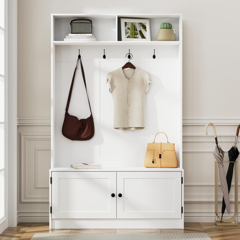 White Hall Tree with Storage, 70.9" Tall Entryway Bench with Shoe Storage, Coat Rack and Top Shelf, Freestanding