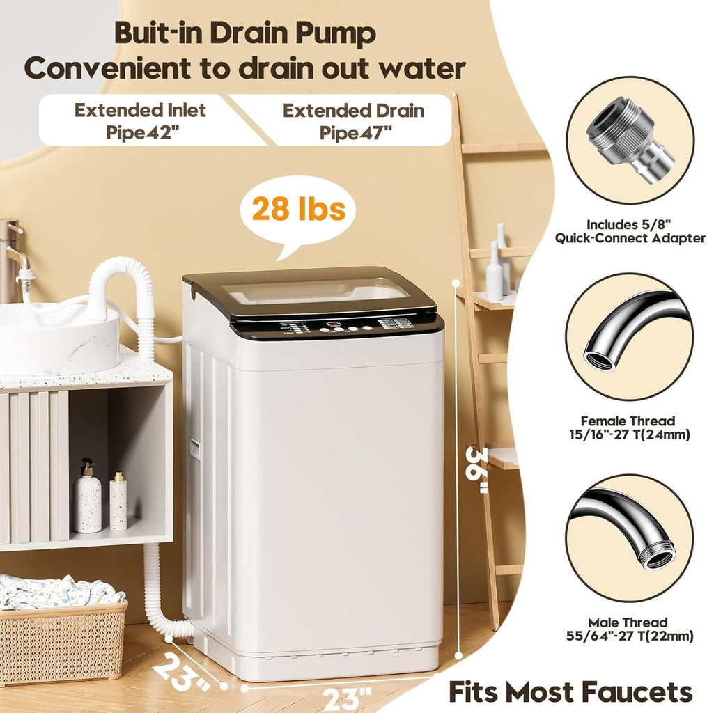 28 lbs Portable Washing Machine, Fully Automatic Portable Washer with LED Display, 10 Wash Cycles, 5 Water Levels, 24H